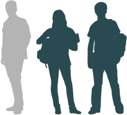 Silhouettes of 3 students. One is in grey and two are in dark teal.
